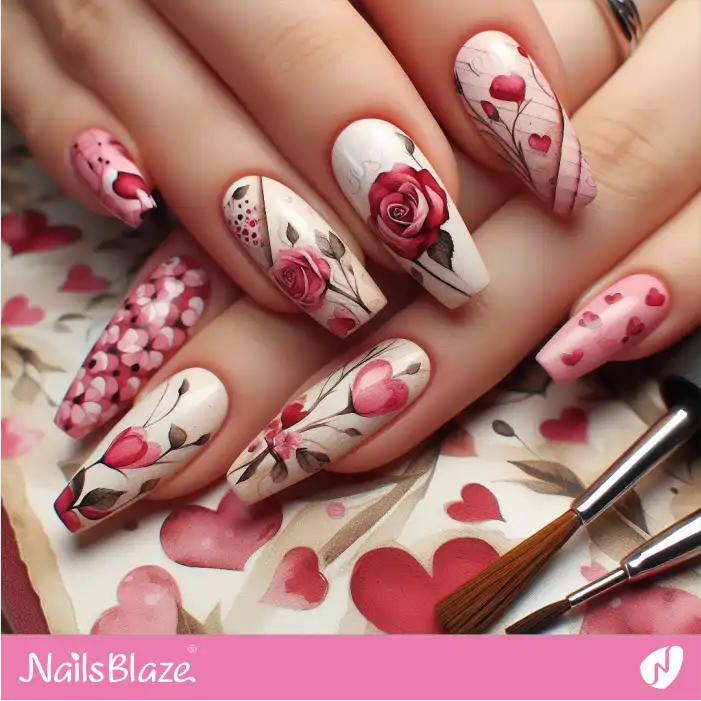 Floral Pattern Nails with Roses | Valentine Nails - NB2401